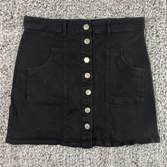 Altar’d State Black Denim Skirt Mini Button Detail Women's Size Large - Picture 1 of 9
